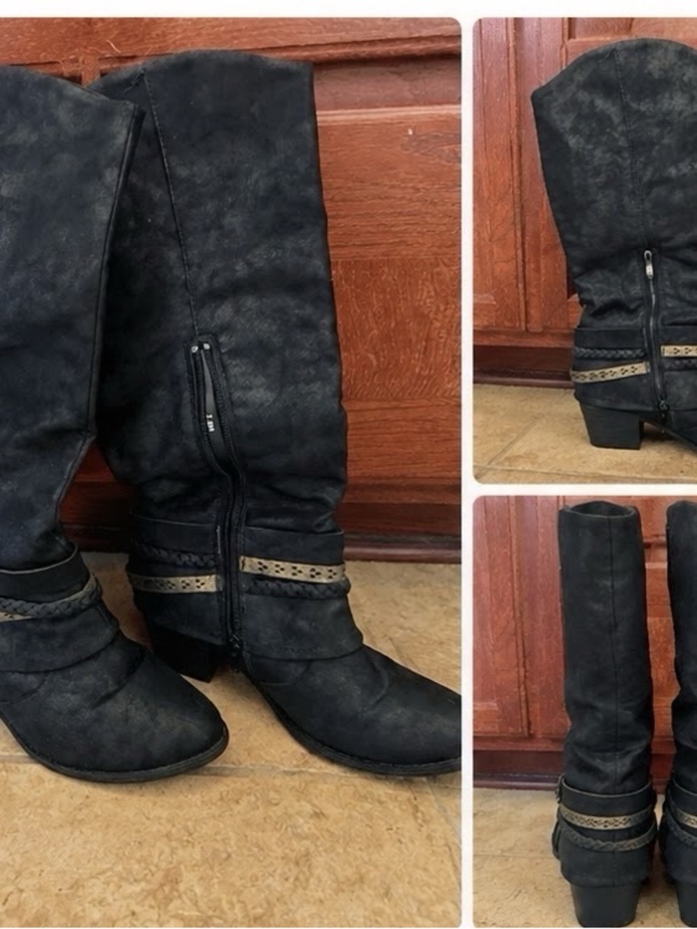 Jellypop Black Knee-High Heeled Boots with Decorative Straps
